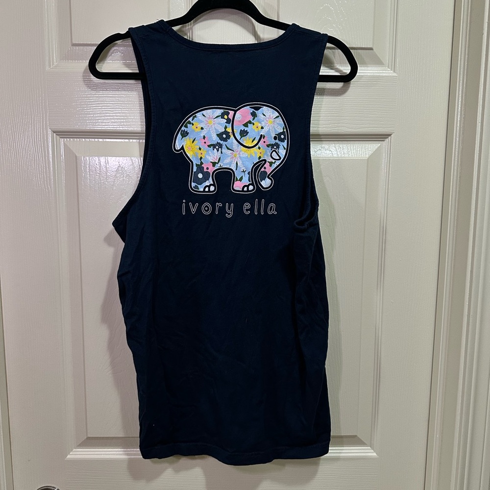 Ivory Ella Tank Top Shirt Size Large Navy Blue Pink Floral Elephant Summer - Picture 4 of 5